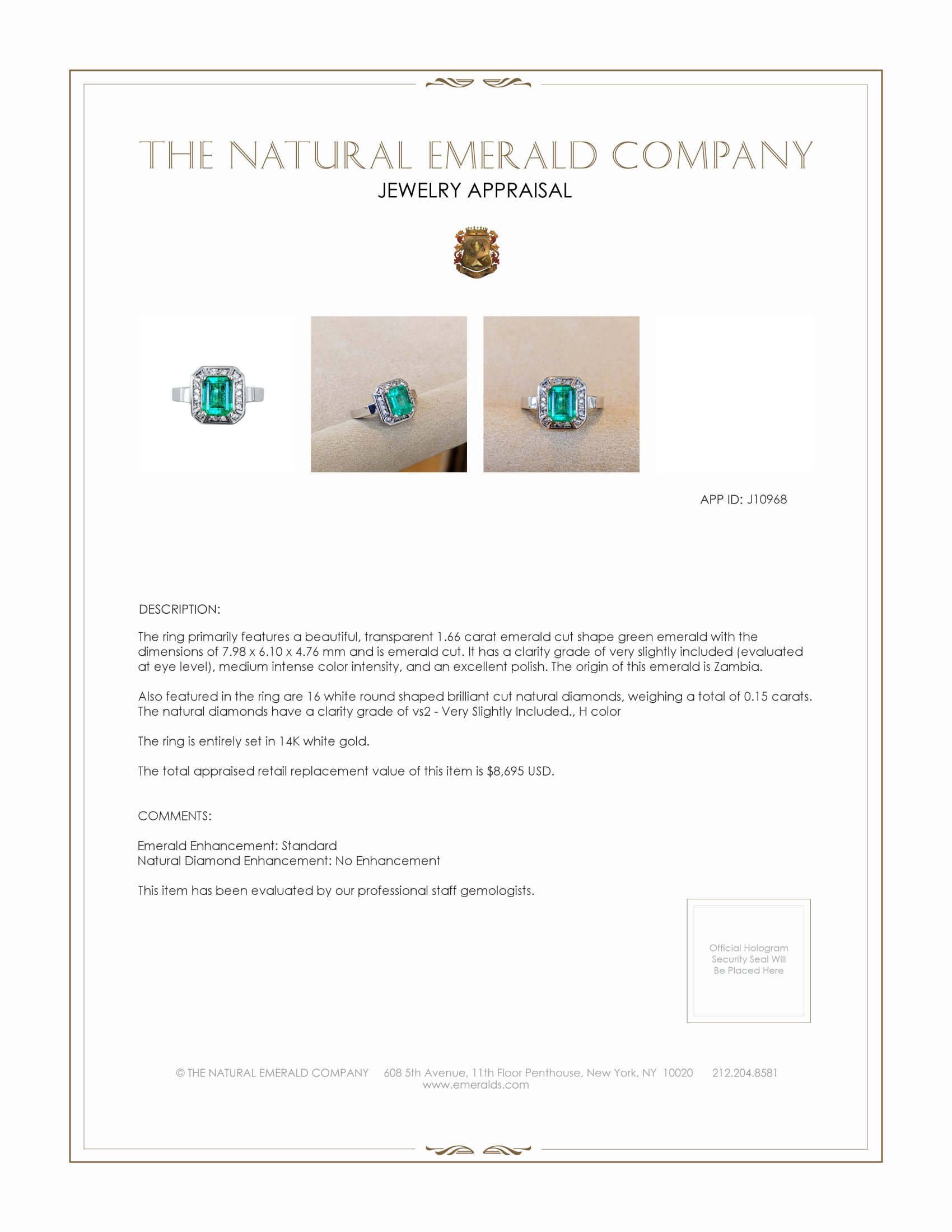 1.66 Ct. Emerald Natural Diamond Pave Ring, 14K White Gold