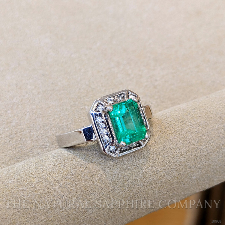 1.66 Ct. Emerald and Natural Diamond Antique Style Ring, 14K White Gold