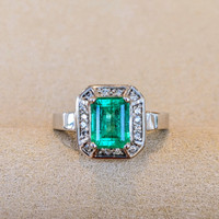 1.66 Ct. Emerald and Natural Diamond Antique Style Ring, 14K White Gold Image