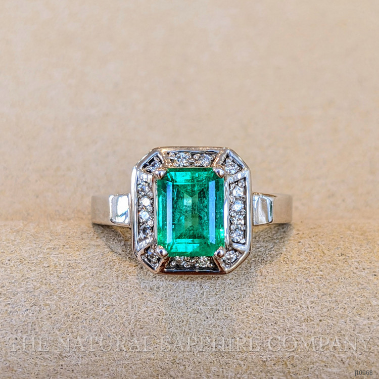 1.66 Ct. Emerald and Natural Diamond Antique Style Ring, 14K White Gold