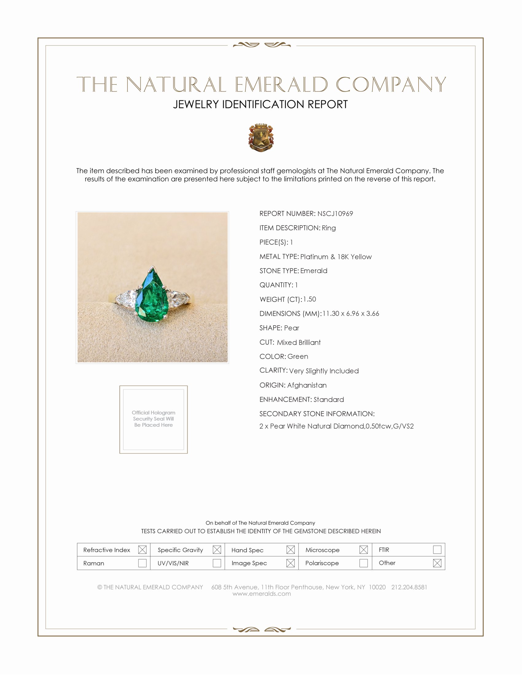 1.50 Ct. Emerald and Natural Diamond Three Stone Ring, Platinum & 18K Yellow