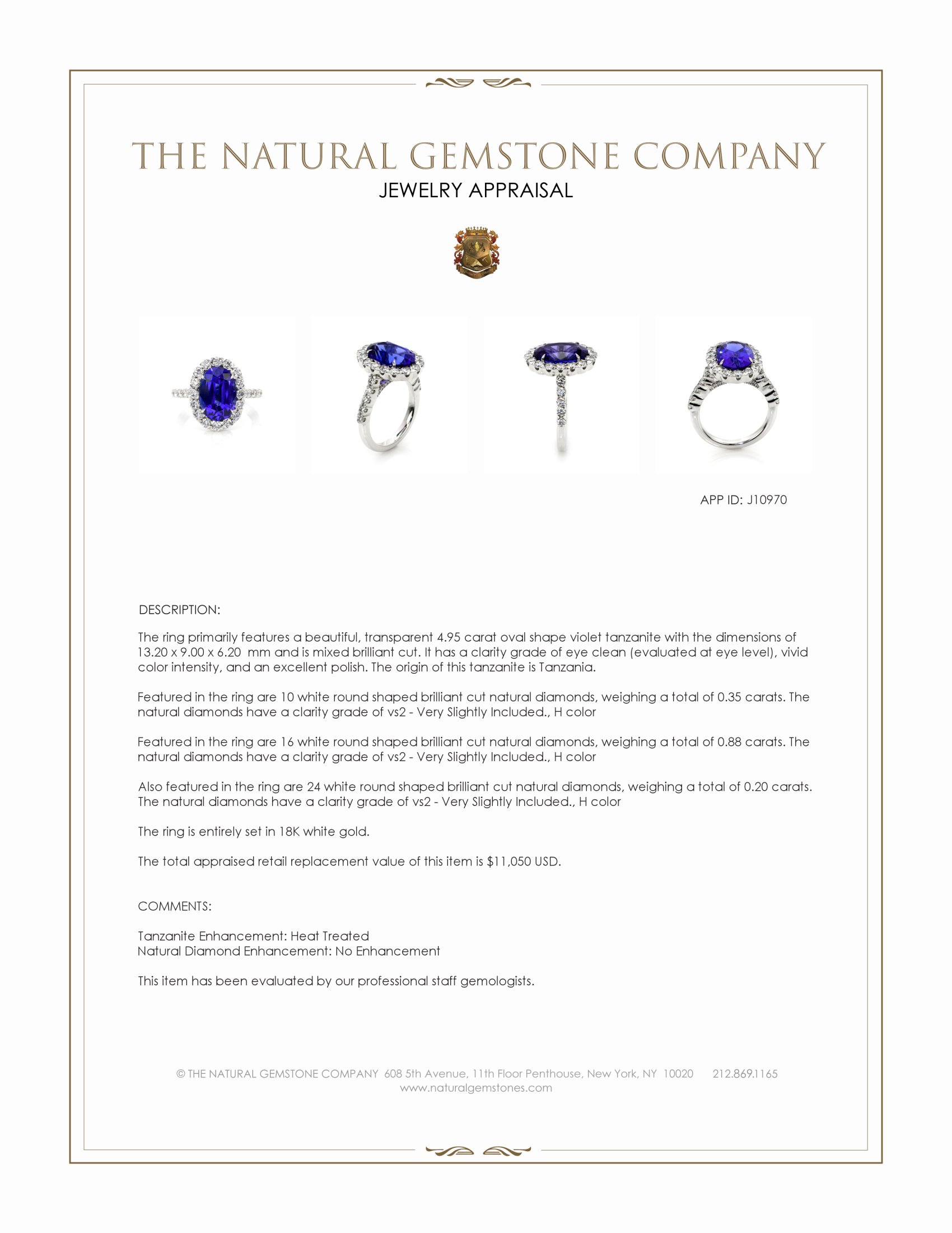 4.95 Ct. Violet Tanzanite and Natural Diamond Pave Ring, 18K White Gold