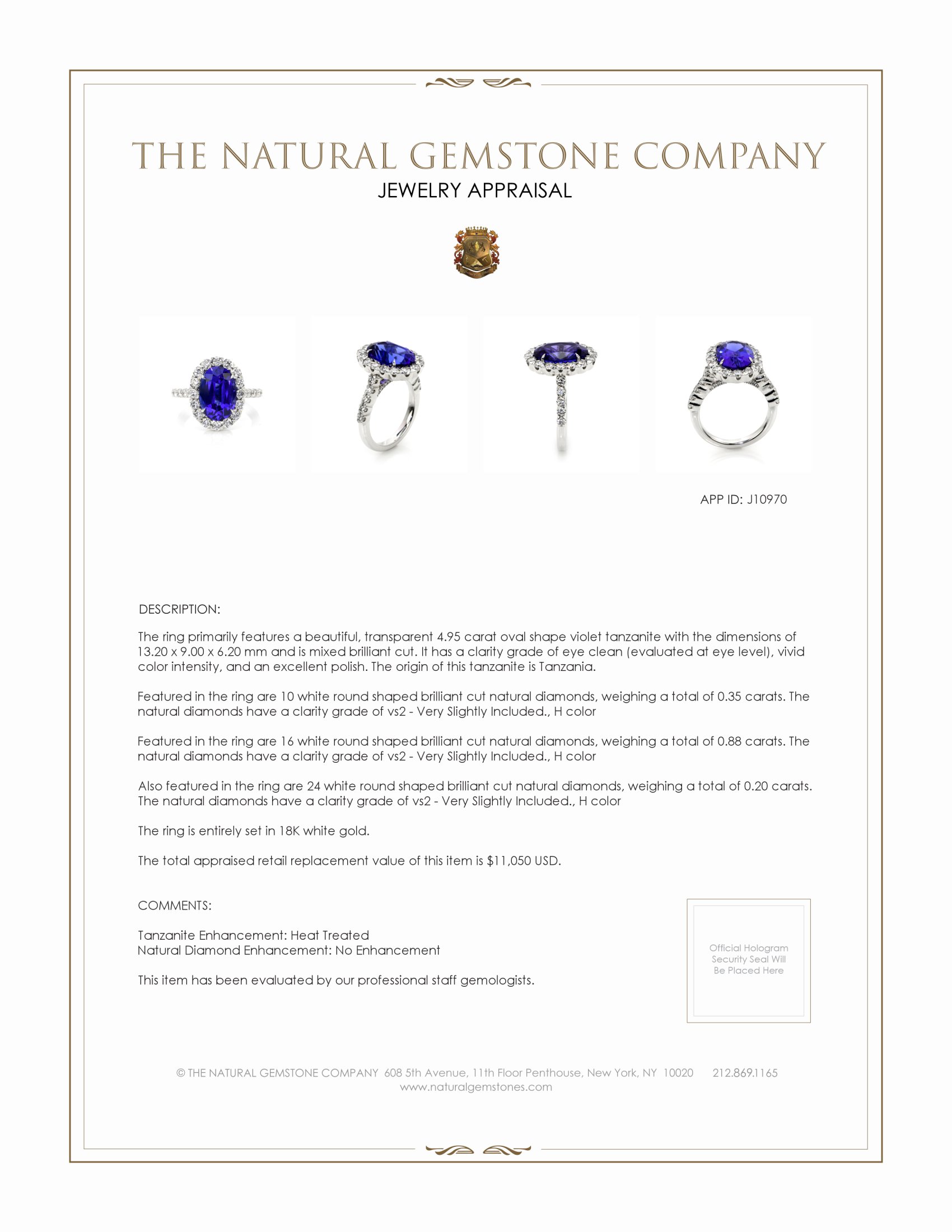4.95 Ct. Tanzanite Natural Diamond Pave Ring, 18K White Gold