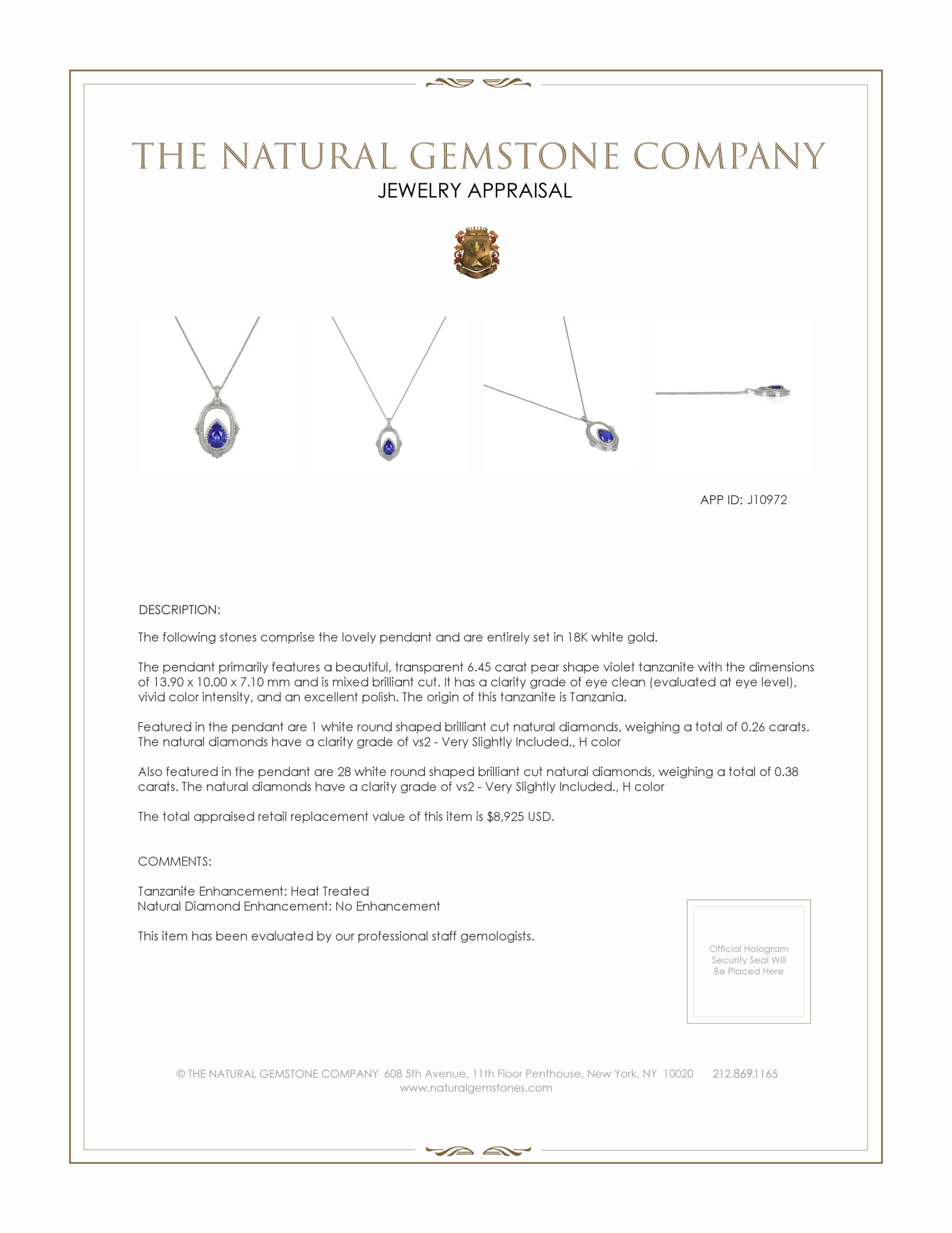 6.45 Ct. Violet Tanzanite and Natural Diamond Antique Style Pendant, 18K White Gold
