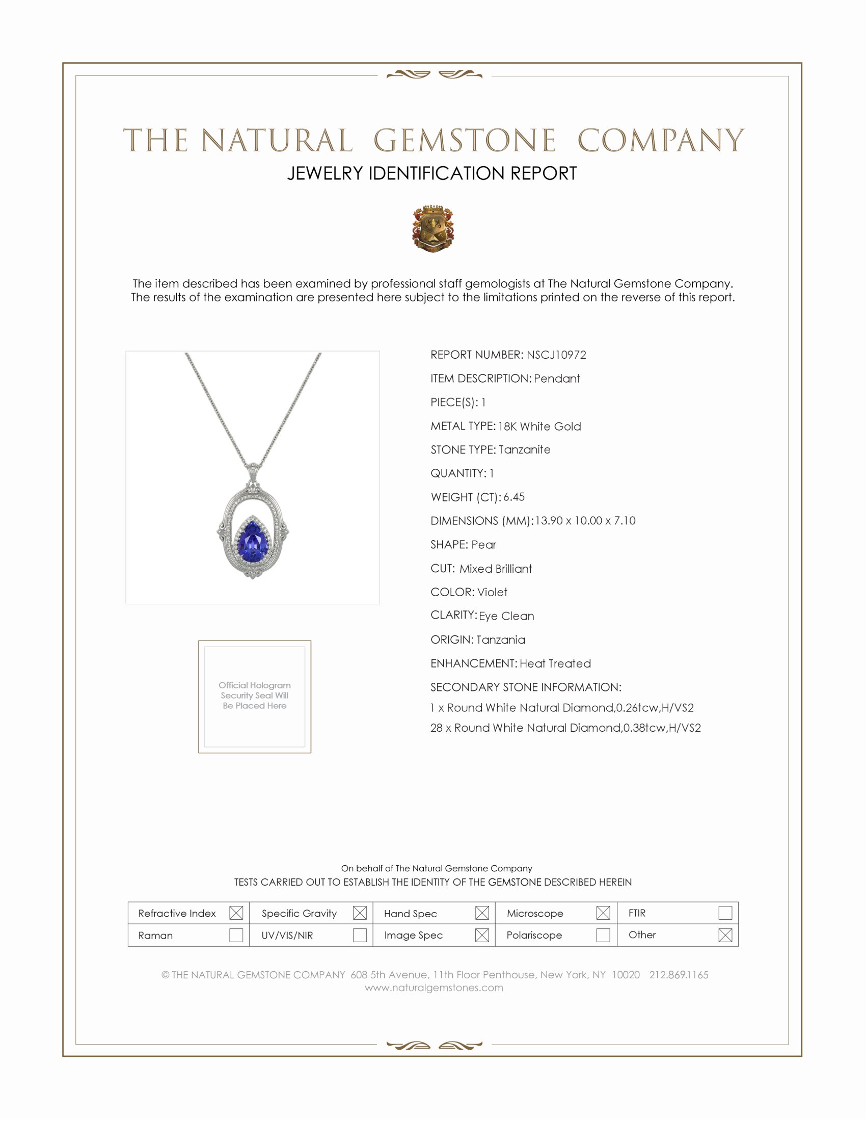 6.45 Ct. Tanzanite Natural Diamond Antique Style Pendant, 18K White Gold