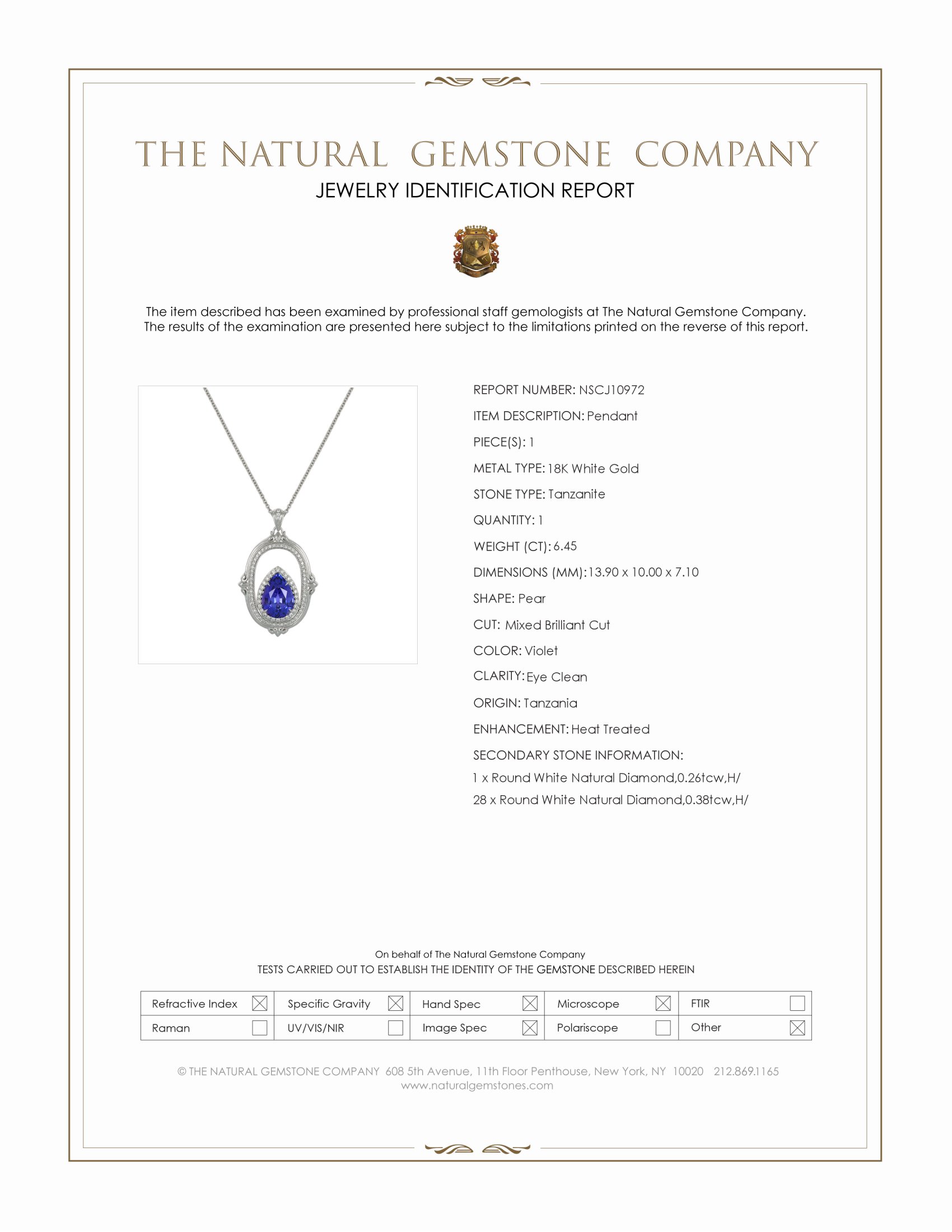 6.45 Ct. Violet Tanzanite and Natural Diamond Antique Style Pendant, 18K White Gold