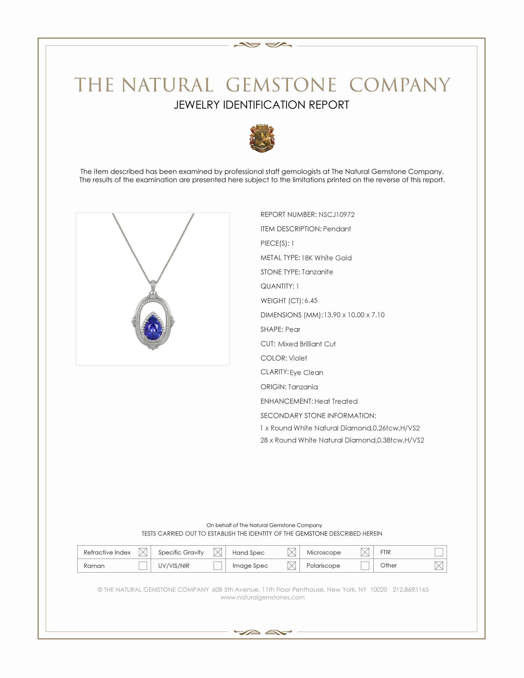 6.45 Ct. Violet Tanzanite and Natural Diamond Antique Style Pendant, 18K White Gold