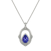6.45 Ct. Tanzanite Natural Diamond Antique Style Pendant, 18K White Gold Video