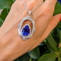 6.45 Ct. Tanzanite Natural Diamond Antique Style Pendant, 18K White Gold Life Style