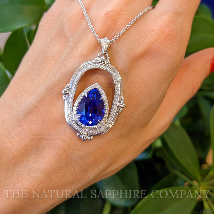 6.45 Ct. Tanzanite Natural Diamond Antique Style Pendant, 18K White Gold