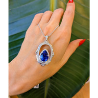 6.45 Ct. Tanzanite Natural Diamond Antique Style Pendant, 18K White Gold Life Style