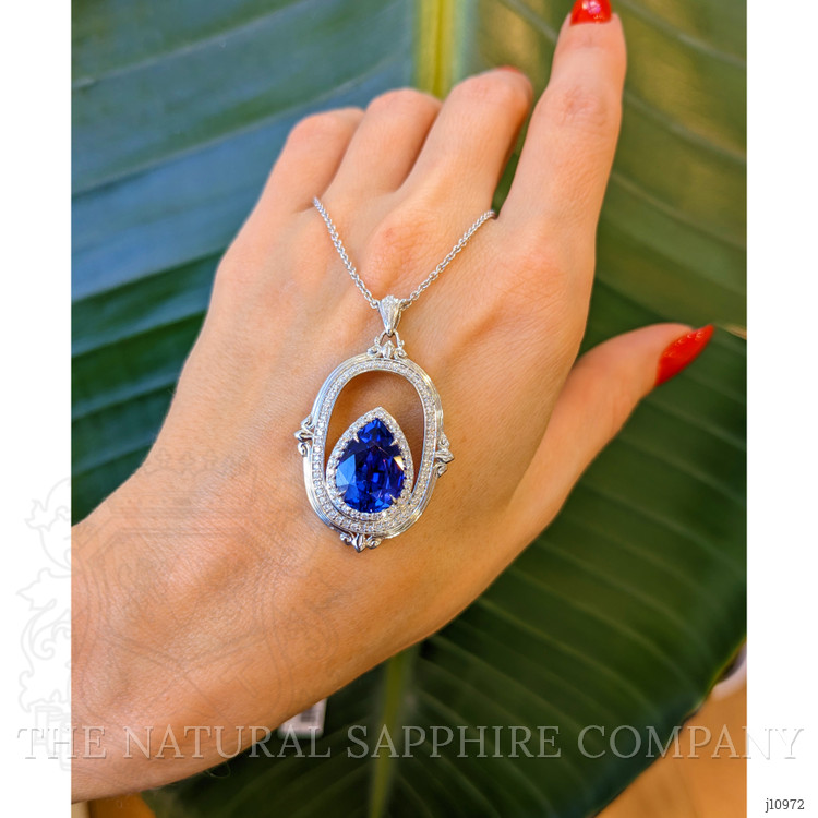 6.45 Ct. Tanzanite Natural Diamond Antique Style Pendant, 18K White Gold