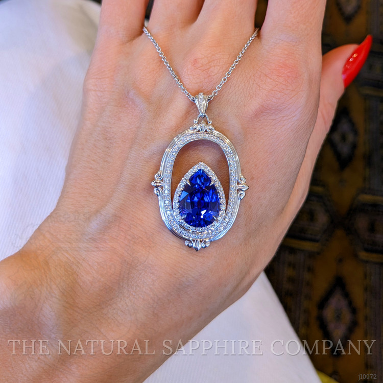 6.45 Ct. Tanzanite Natural Diamond Antique Style Pendant, 18K White Gold