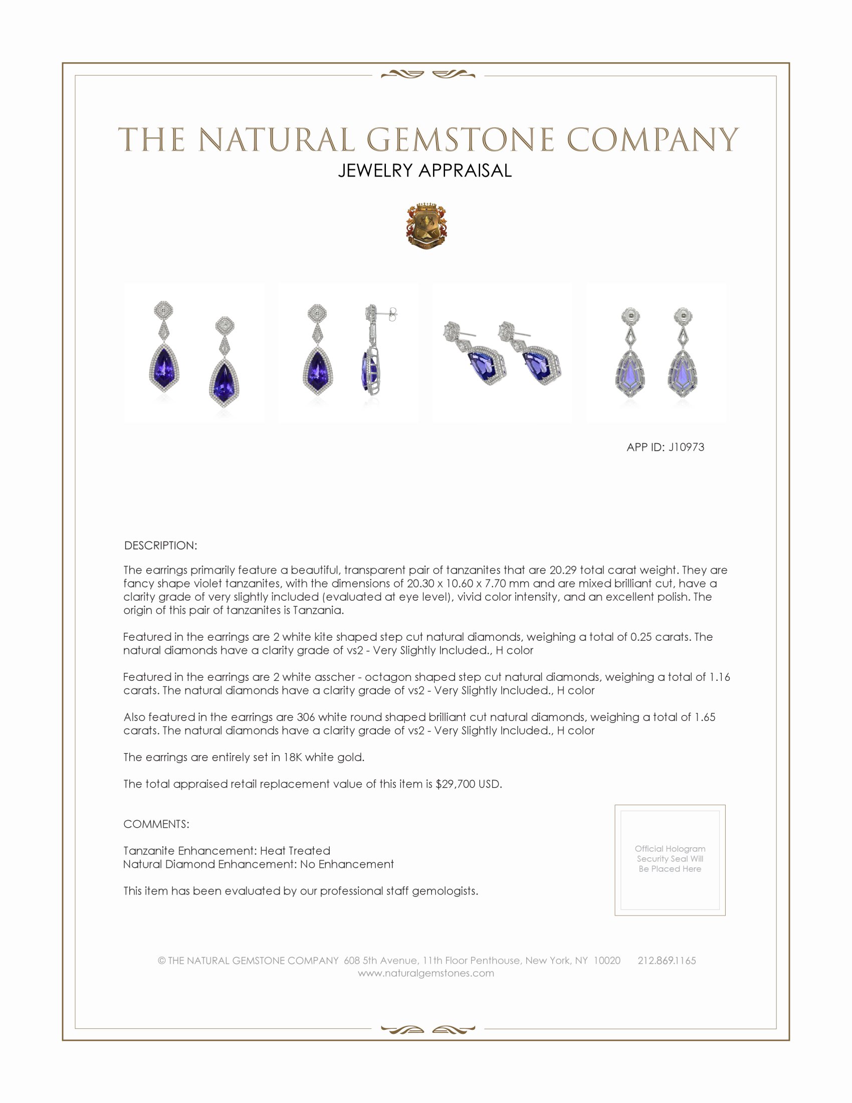 20.29 Ct.Tw. Tanzanite Natural Diamond Antique Style Earrings, 18K White Gold