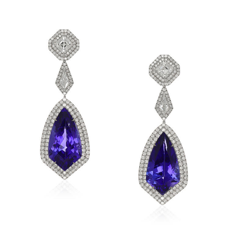 20.29 Ct.Tw. Tanzanite Natural Diamond Antique Style Earrings, 18K White Gold