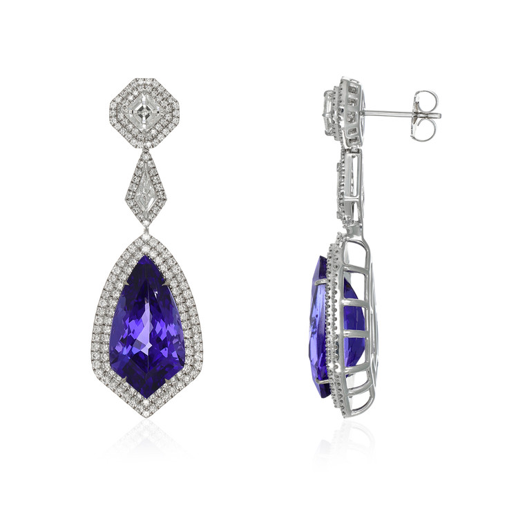 20.29 Ct.Tw. Tanzanite Natural Diamond Antique Style Earrings, 18K White Gold