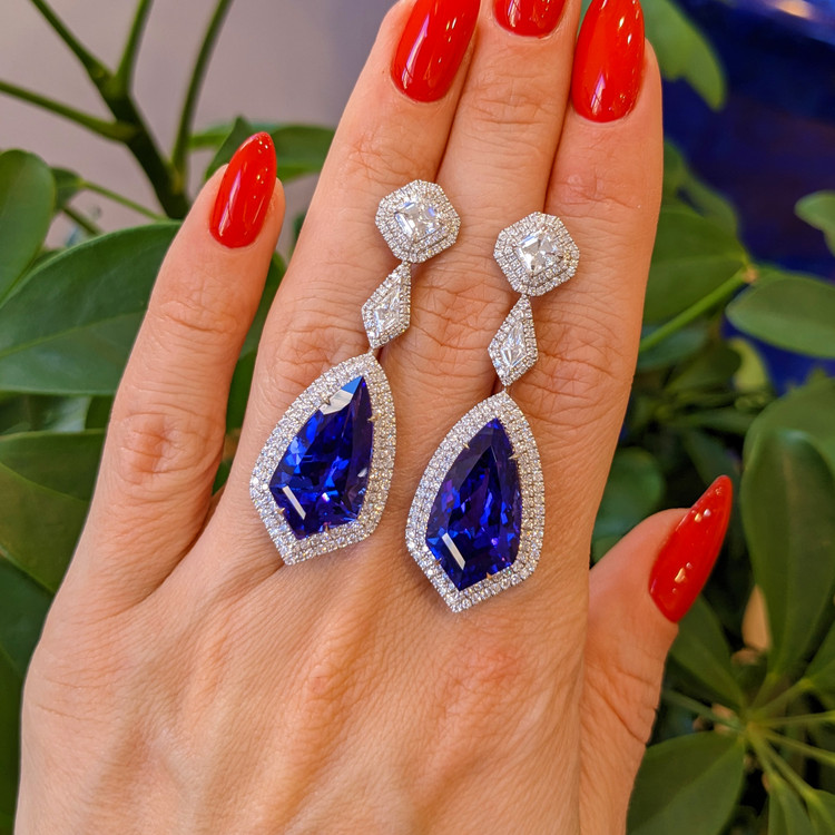 20.29 Ct.Tw. Tanzanite Natural Diamond Antique Style Earrings, 18K White Gold