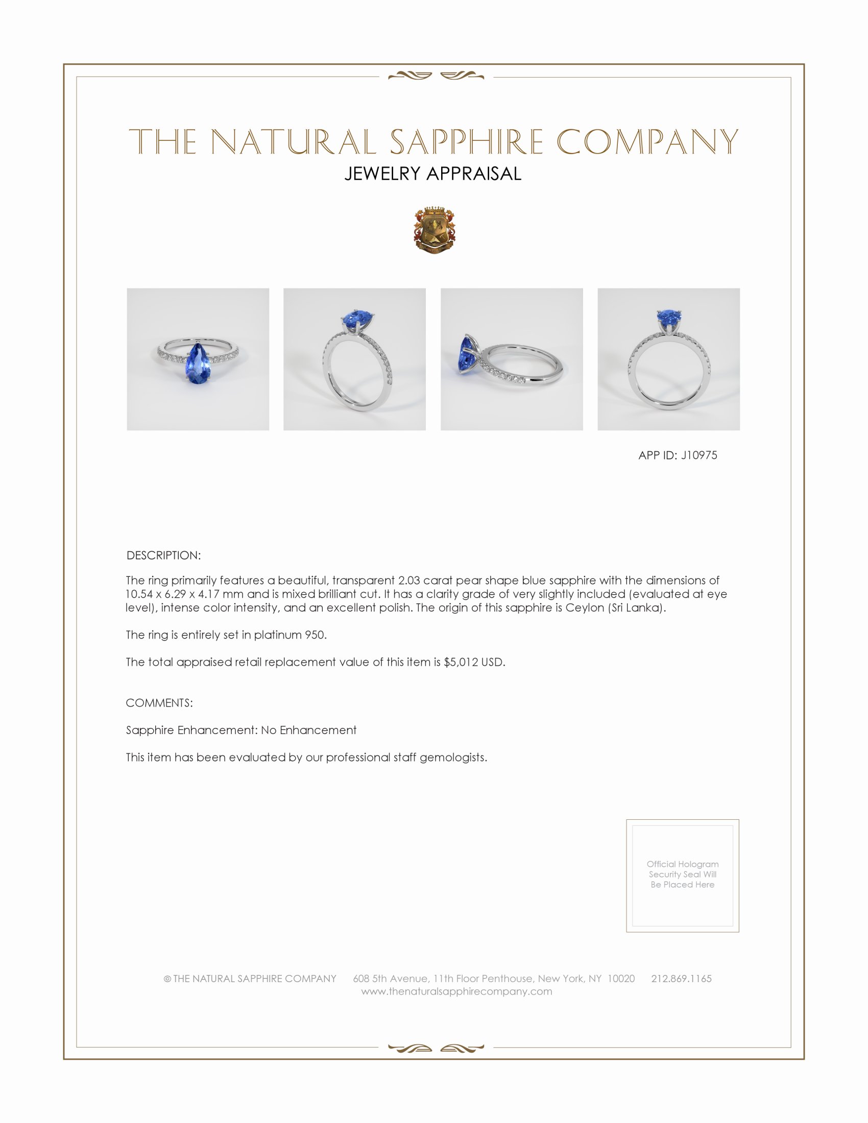 2.03 Ct. Blue Sapphire Pave Ring, Platinum 950