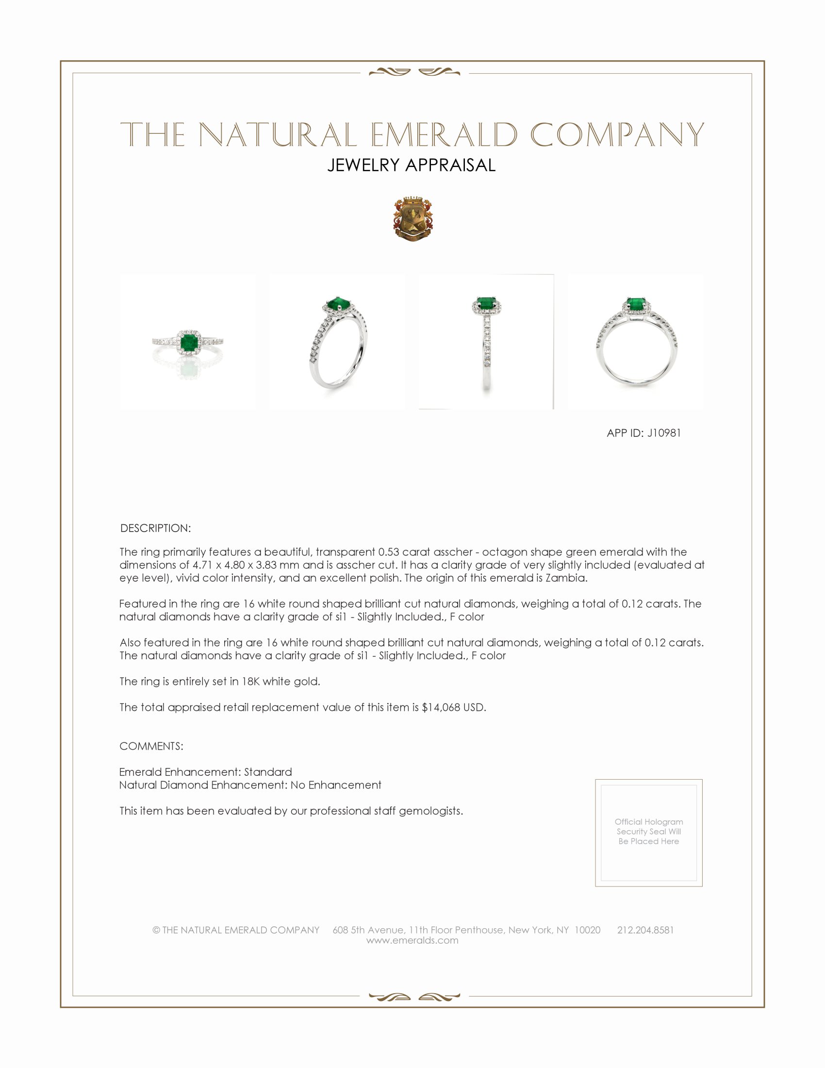 0.53 Ct. Emerald and Natural Diamond Pave Ring, 18K White Gold