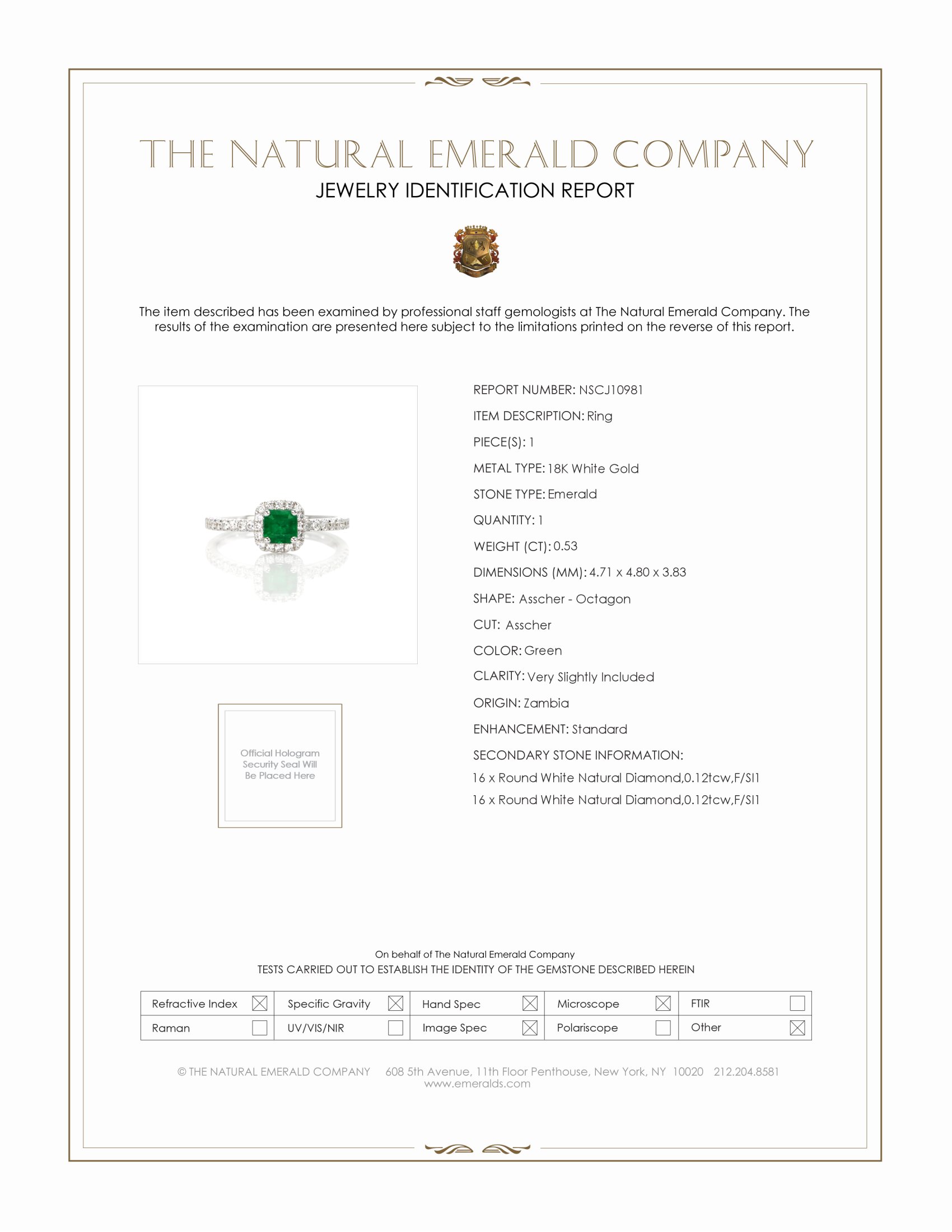 0.53 Ct. Emerald and Natural Diamond Pave Ring, 18K White Gold