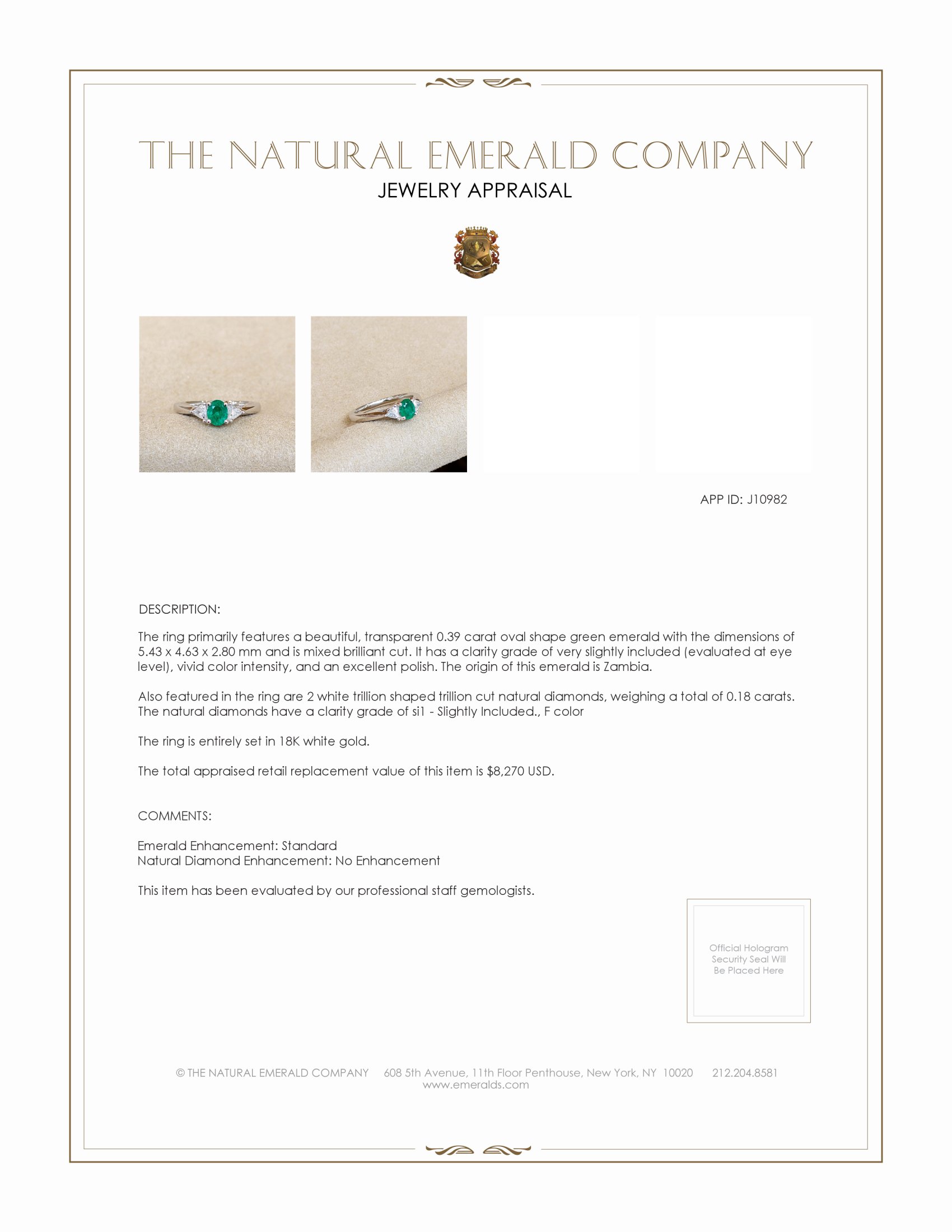 0.39 Ct. Emerald and Natural Diamond Three Stone Ring, 18K White Gold