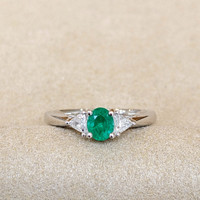 0.39 Ct. Emerald Natural Diamond Three Stone Ring, 18K White Gold Image