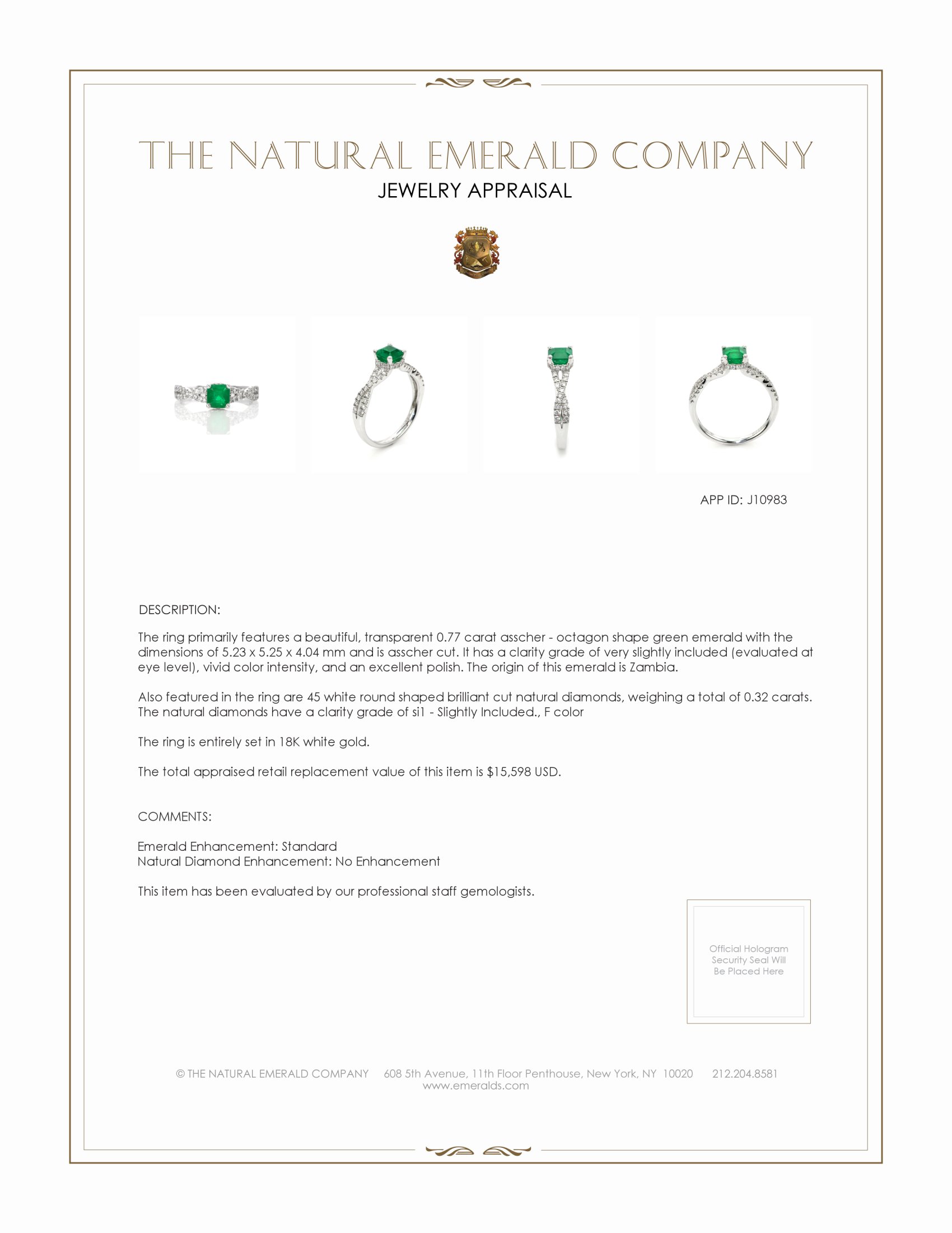 0.77 Ct. Emerald and Natural Diamond Pave Ring, 18K White Gold
