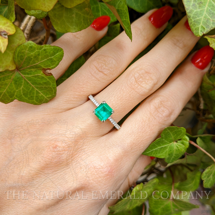 1.10 Ct. Emerald Natural Diamond Pave Ring, 18K White Gold