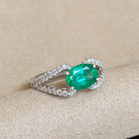 1.00 Ct. Emerald Natural Diamond Pave Ring, 18K White Gold Image