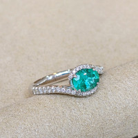1.00 Ct. Emerald Natural Diamond Pave Ring, 18K White Gold Image