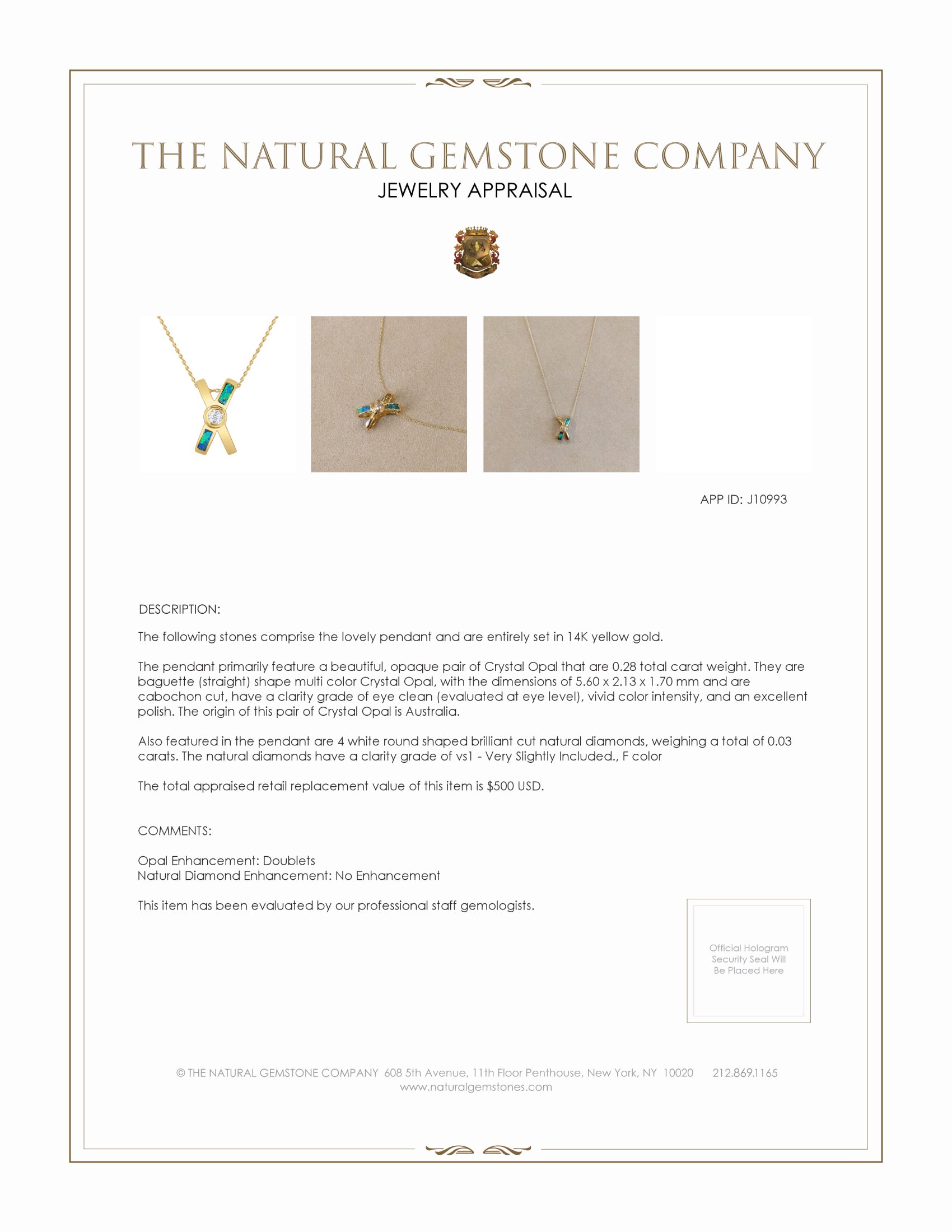 0.28 Ct. Opal Natural Diamond Pave Pendant, 14K Yellow Gold