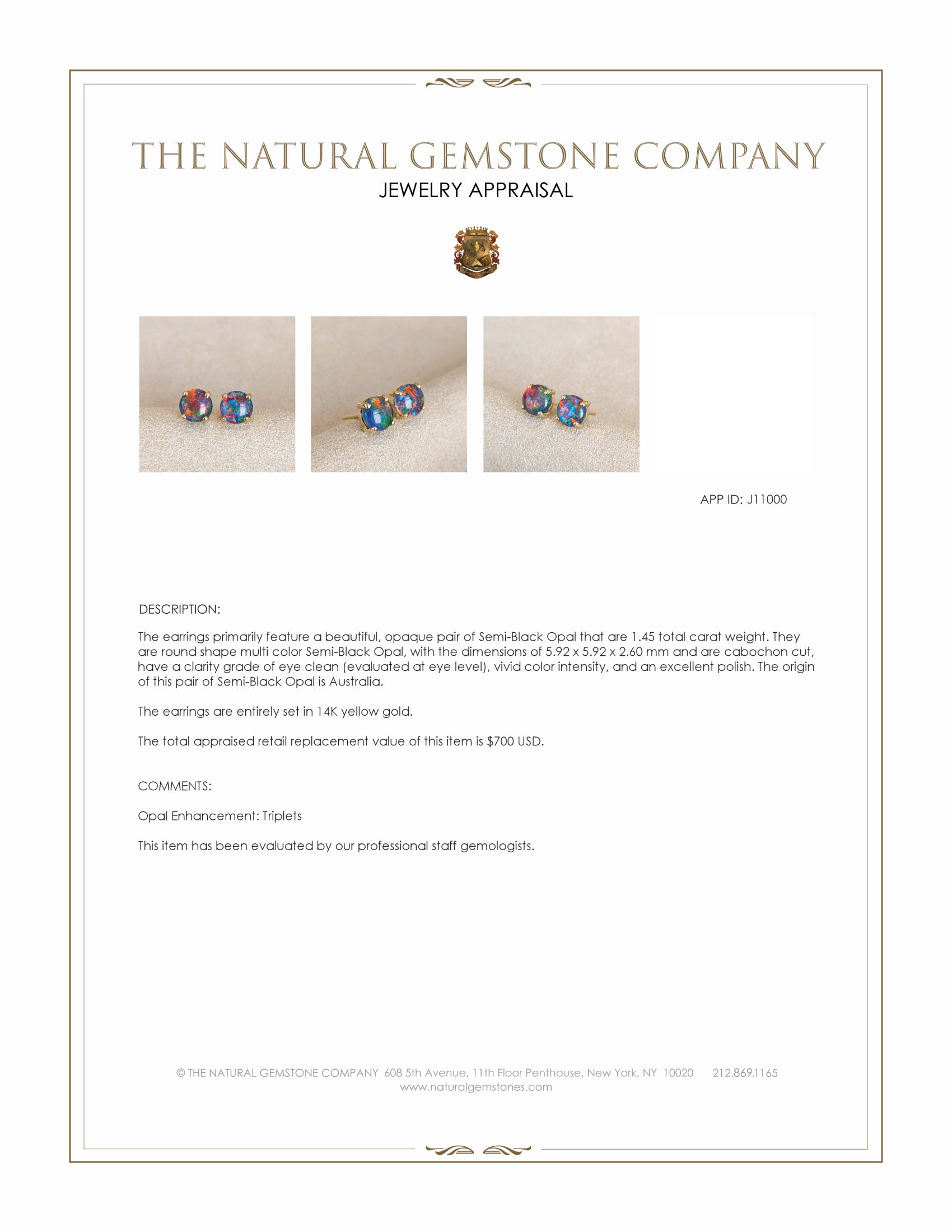 1.45 Ct.Tw. Multi Color Opal Studs Earrings, 14K Yellow Gold