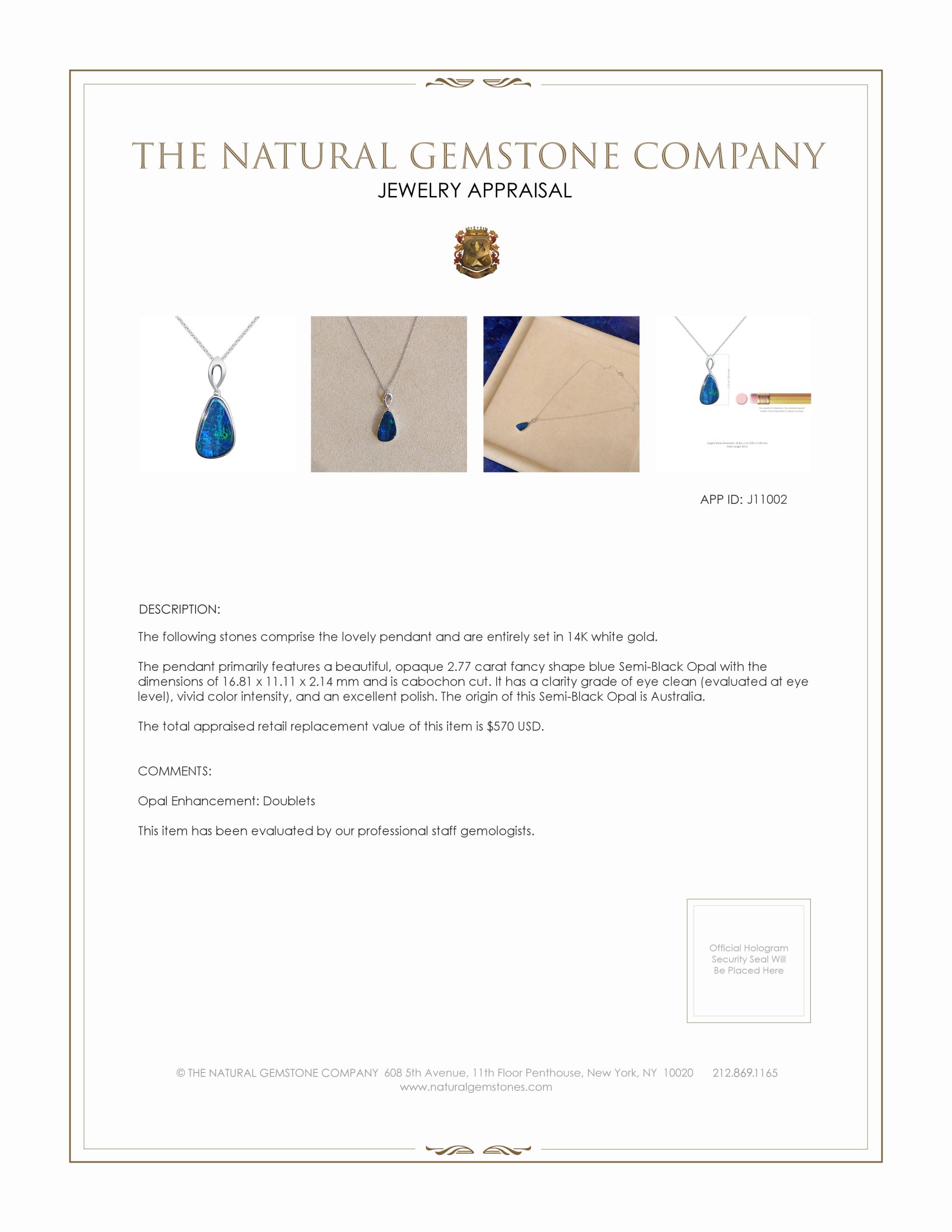 2.77 Ct. Blue Opal Bezel Pendant, 14K White Gold