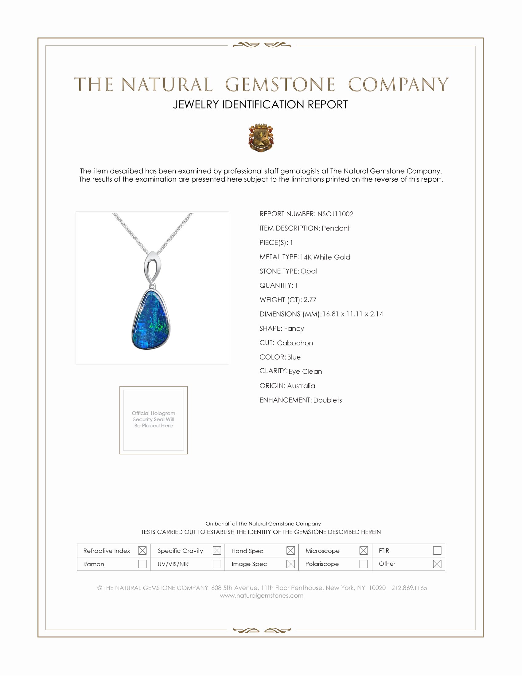 2.77 Ct. Blue Opal Bezel Pendant, 14K White Gold