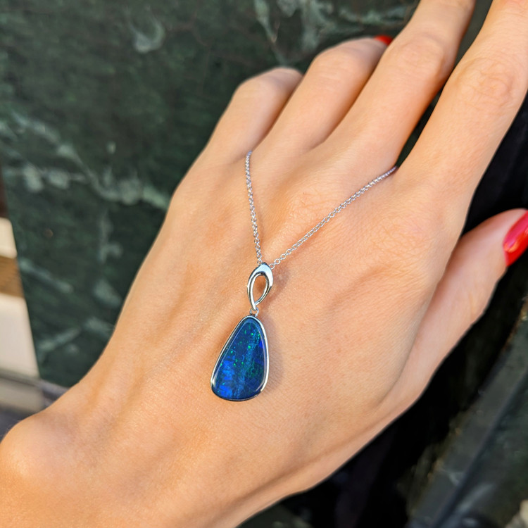 2.77 Ct. Blue Opal Bezel Pendant, 14K White Gold