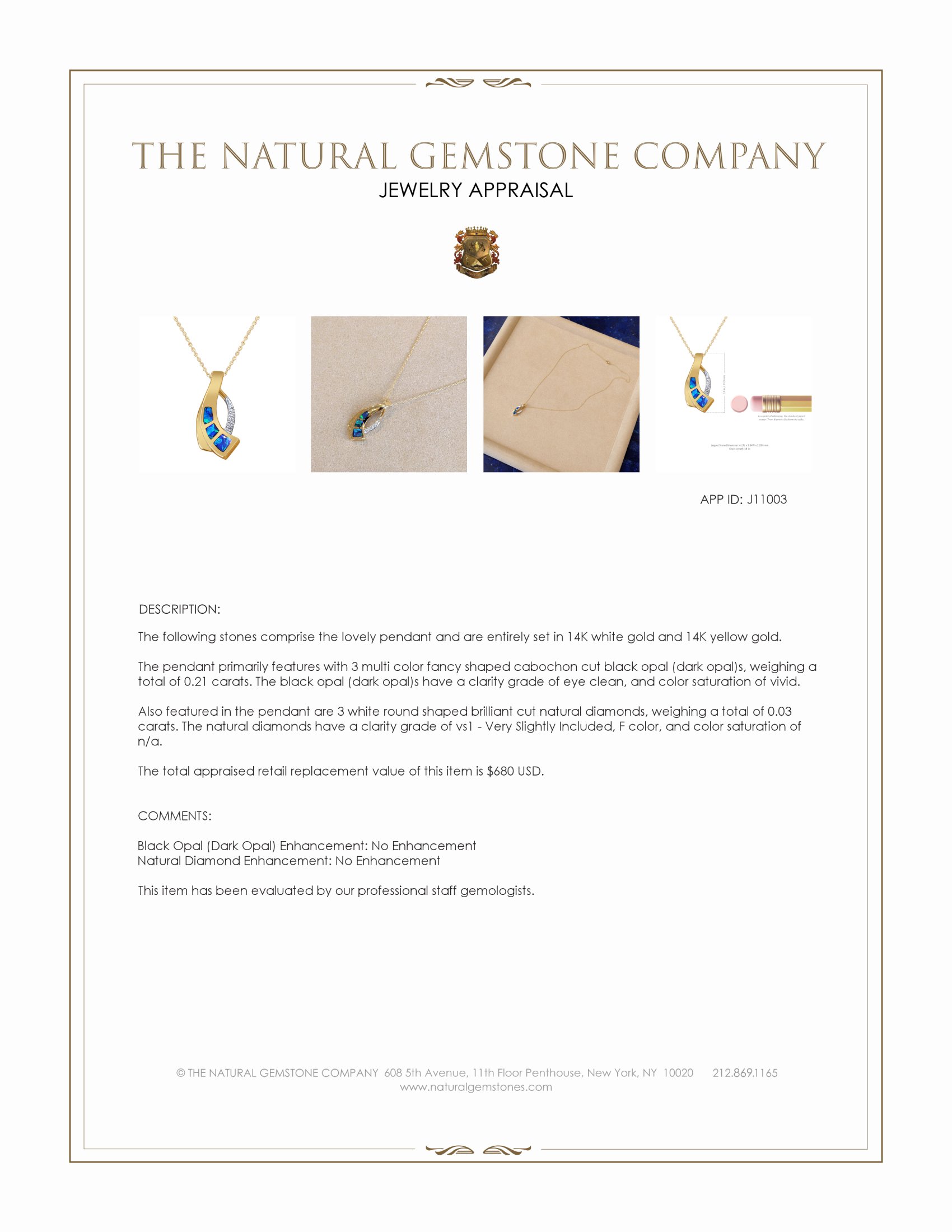 0.21 Ct. Multi Color Black Opal (Dark Opal) and Natural Diamond Pave Pendant, 14K White & Yellow