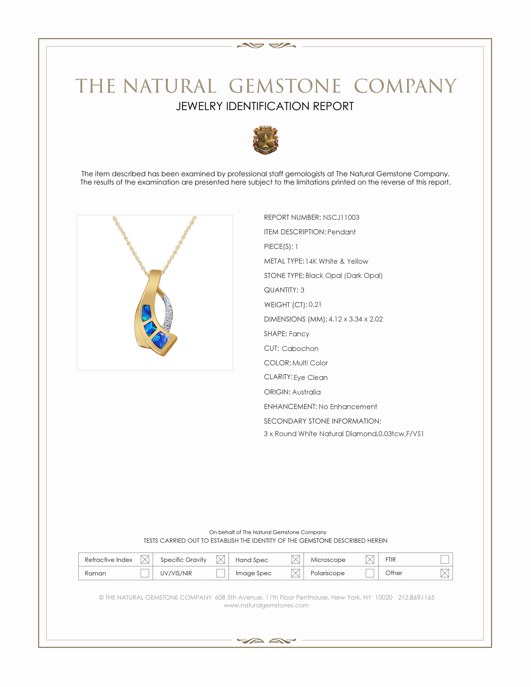 0.21 Ct. Multi Color Black Opal (Dark Opal) and Natural Diamond Pave Pendant, 14K White & Yellow