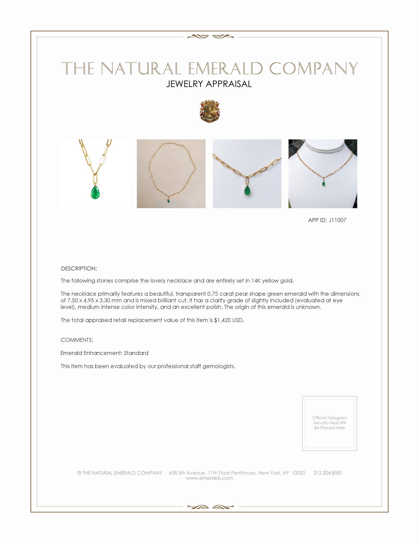 0.75 Ct. Emerald Accent Stones Necklace, 14K Yellow Gold