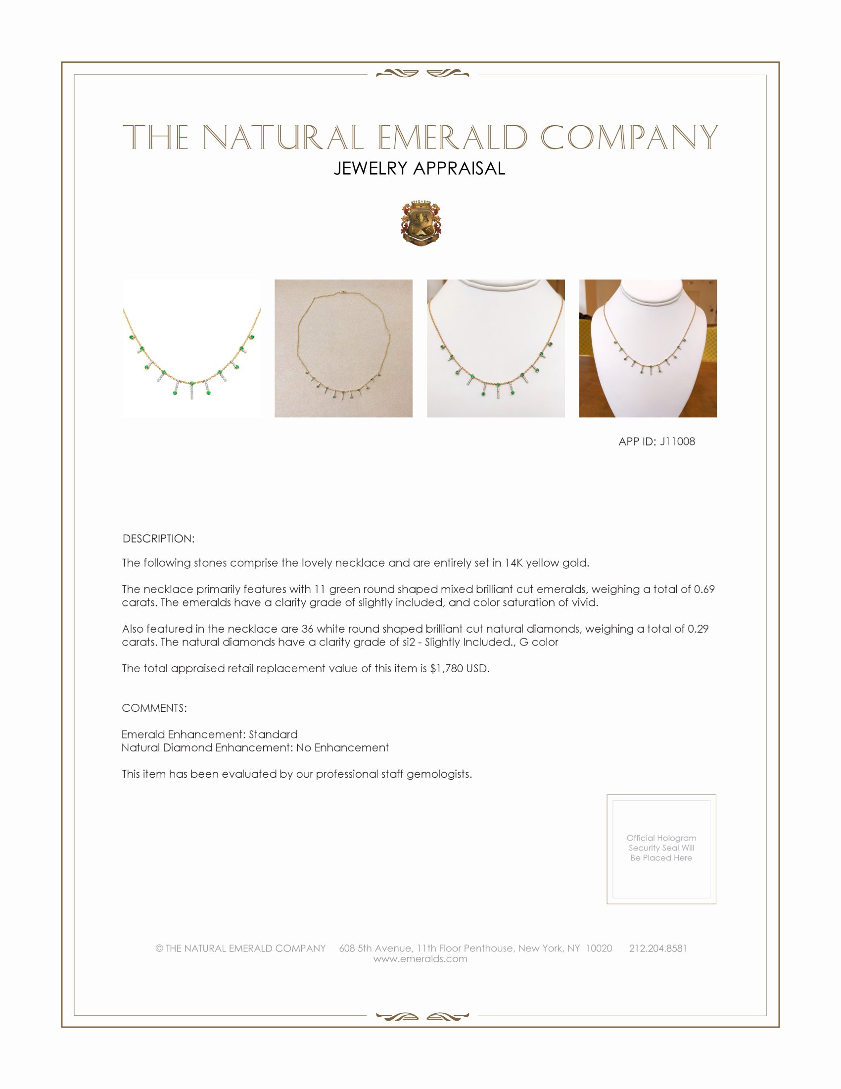 0.69 Ct. Emerald and Natural Diamond Pave Necklace, 14K Yellow Gold