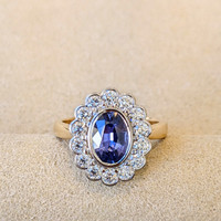 1.61 Ct. Violet Sapphire and Natural Diamond Halo Ring, 14K White & Yellow Life Style