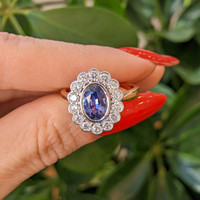 1.61 Ct. Violet Sapphire and Natural Diamond Halo Ring, 14K White & Yellow Life Style