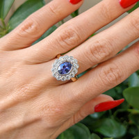 1.61 Ct. Violet Sapphire and Natural Diamond Halo Ring, 14K White & Yellow Life Style