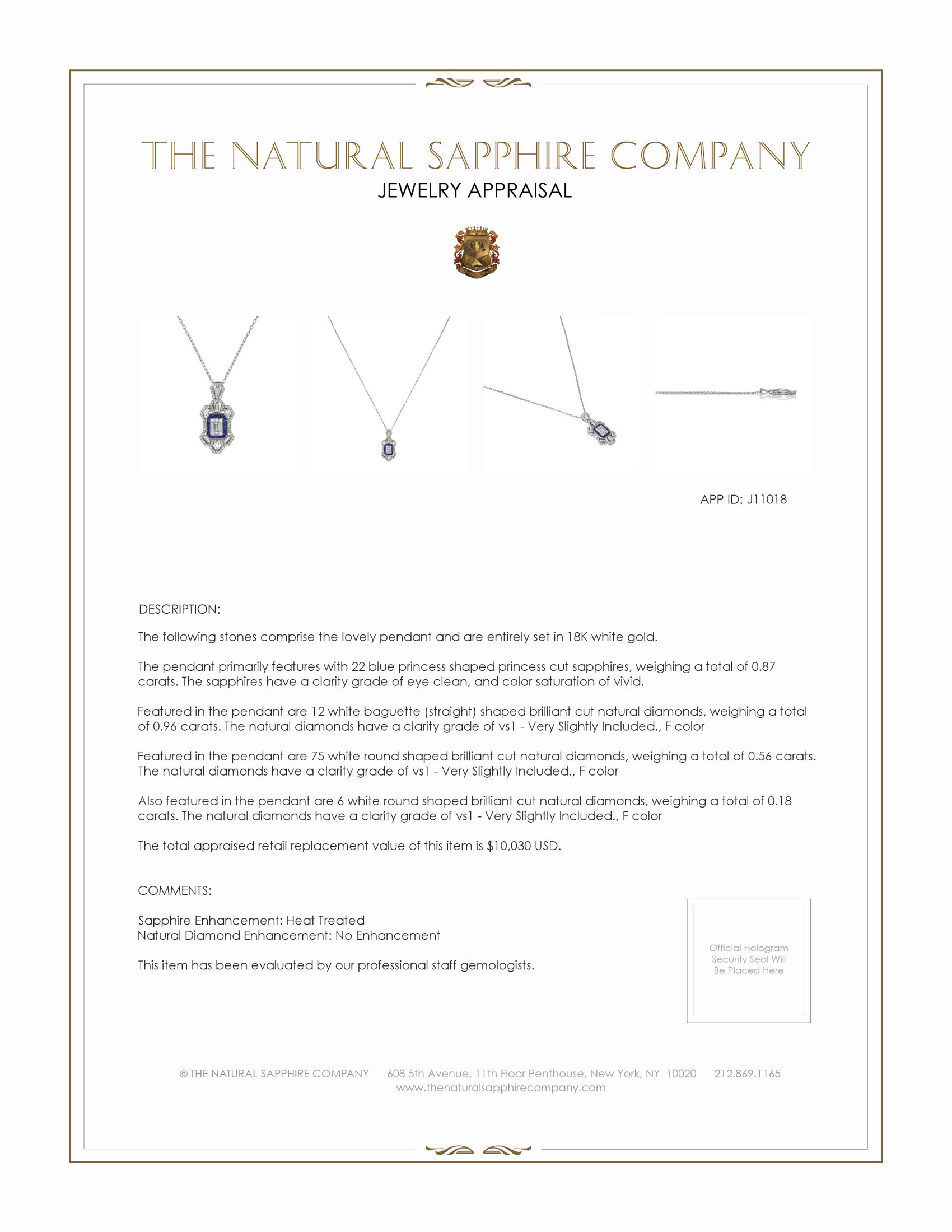 0.87 Ct. Blue Sapphire and Natural Diamond Antique Style Pendant, 18K White Gold