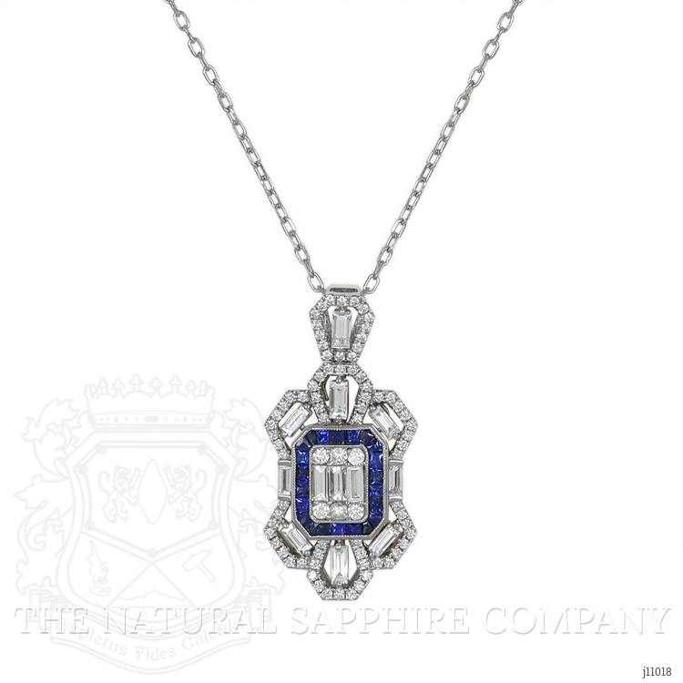 0.87 Ct. Blue Sapphire and Natural Diamond Antique Style Pendant, 18K White Gold