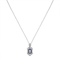 0.87 Ct. Blue Sapphire and Natural Diamond Antique Style Pendant, 18K White Gold Image