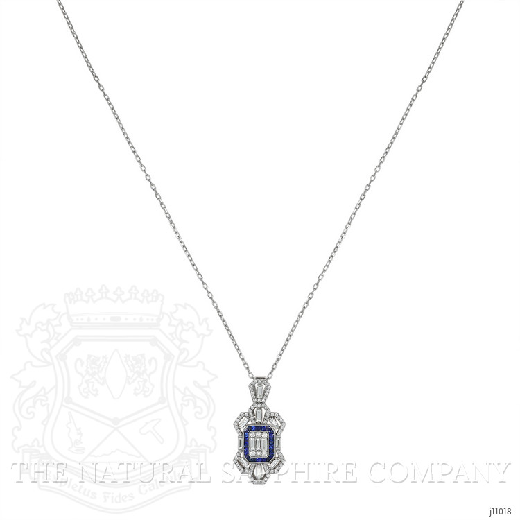 0.87 Ct. Blue Sapphire and Natural Diamond Antique Style Pendant, 18K White Gold