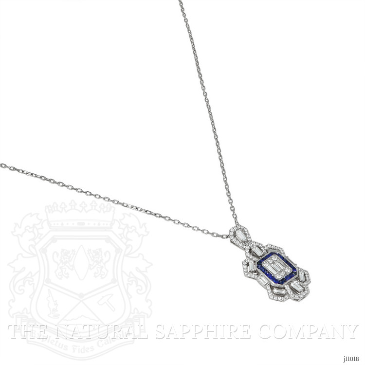 0.87 Ct. Blue Sapphire and Natural Diamond Antique Style Pendant, 18K White Gold
