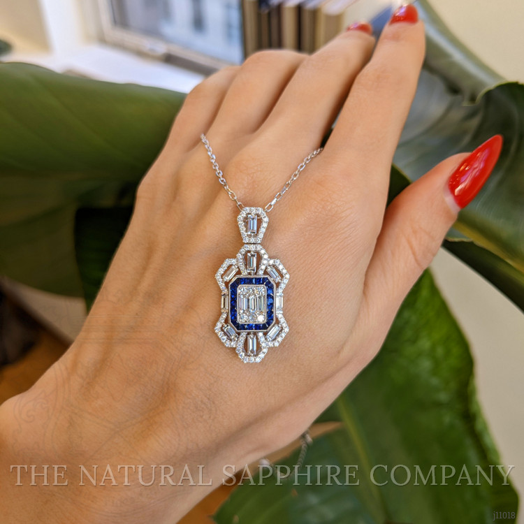 0.87 Ct. Blue Sapphire and Natural Diamond Antique Style Pendant, 18K White Gold