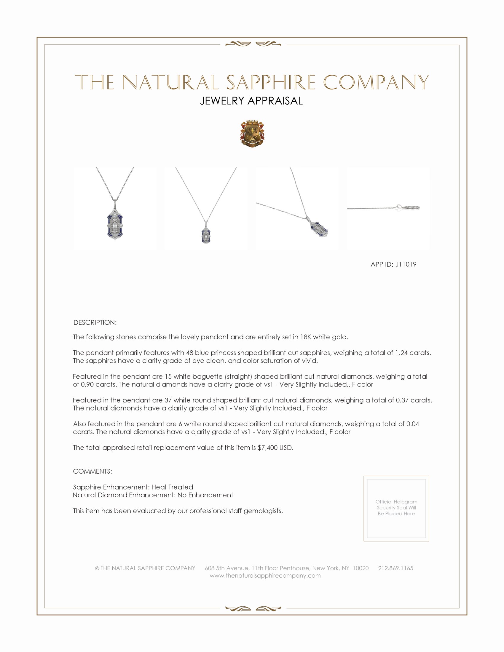 1.24 Ct. Blue Sapphire and Natural Diamond Antique Style Pendant, 18K White Gold