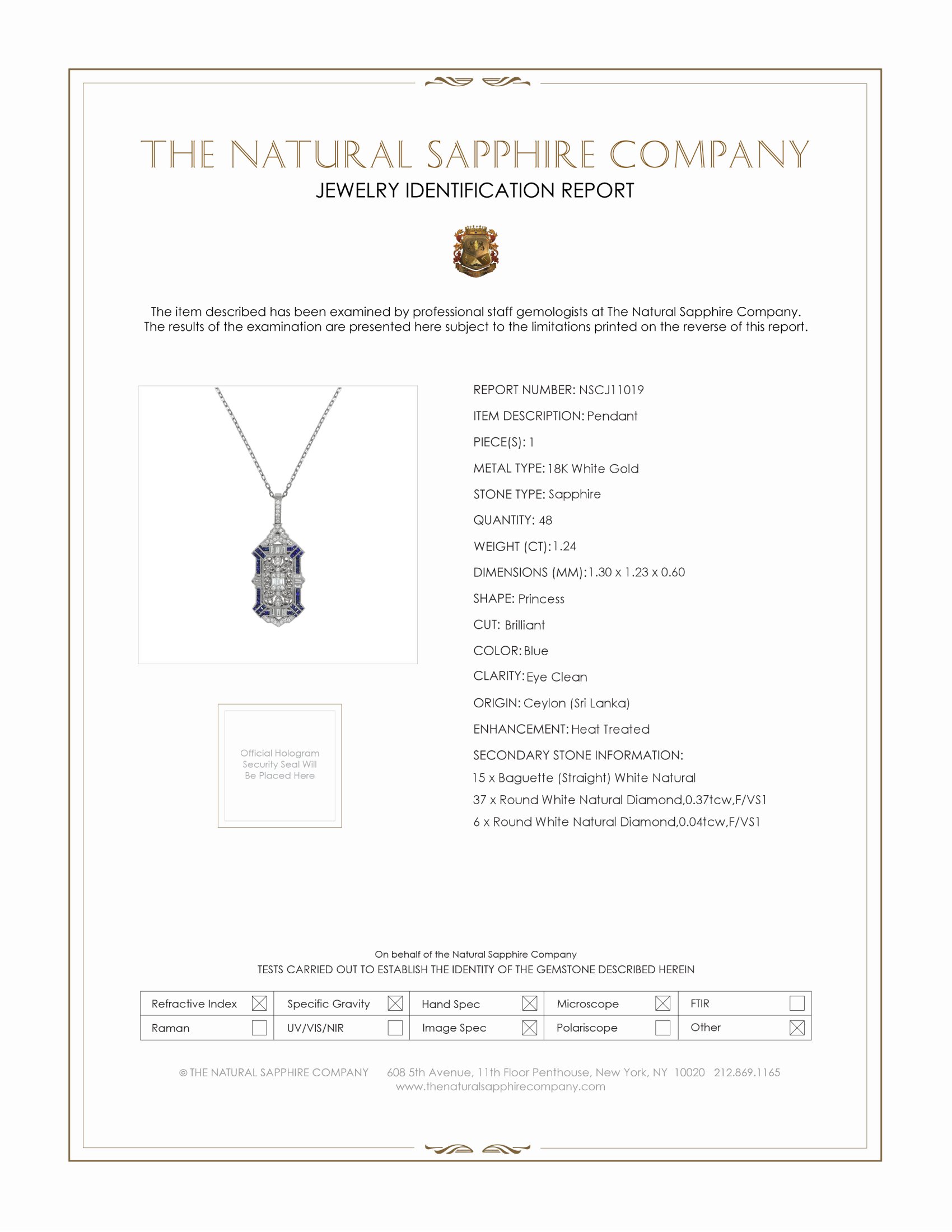1.24 Ct. Blue Sapphire and Natural Diamond Antique Style Pendant, 18K White Gold